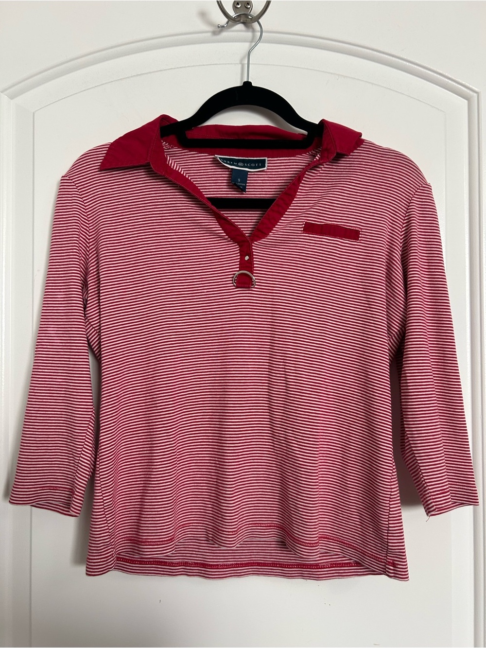 Karen Scott Vintage 90s Rugby Striped Long Sleeve Polo Top Buckle Size S Fall